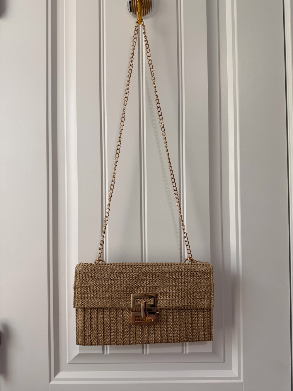 Tan Woven Shoulder Bag with Chain